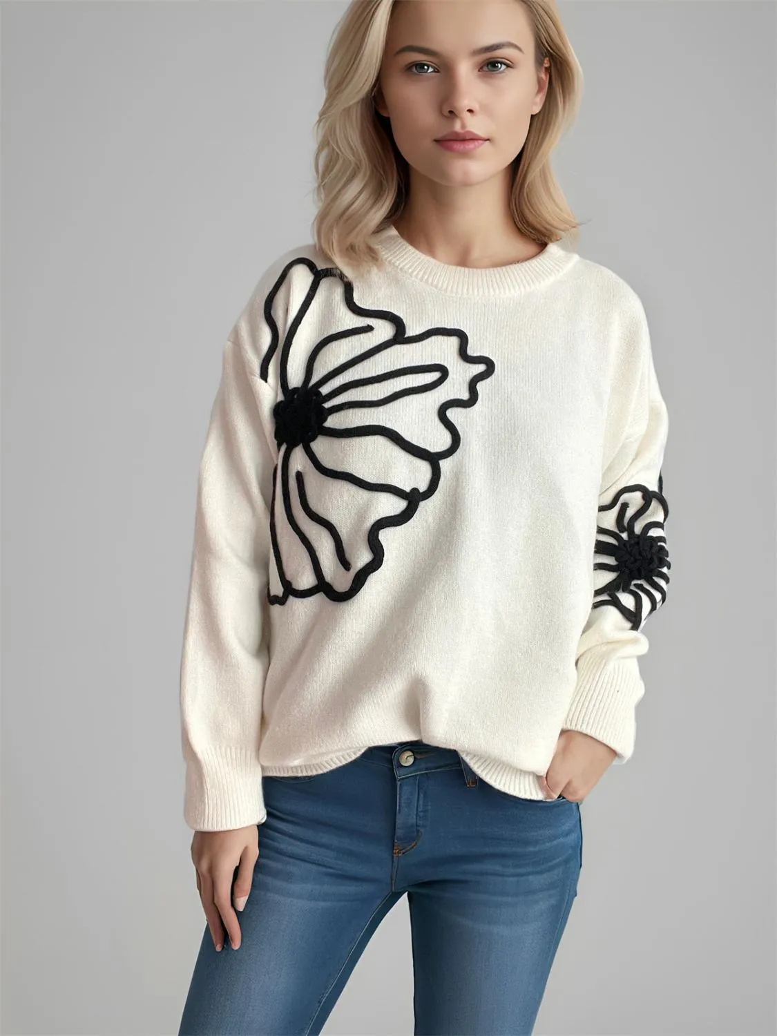 🌼 Flower Round Neck Long Sleeve Sweater 🌼