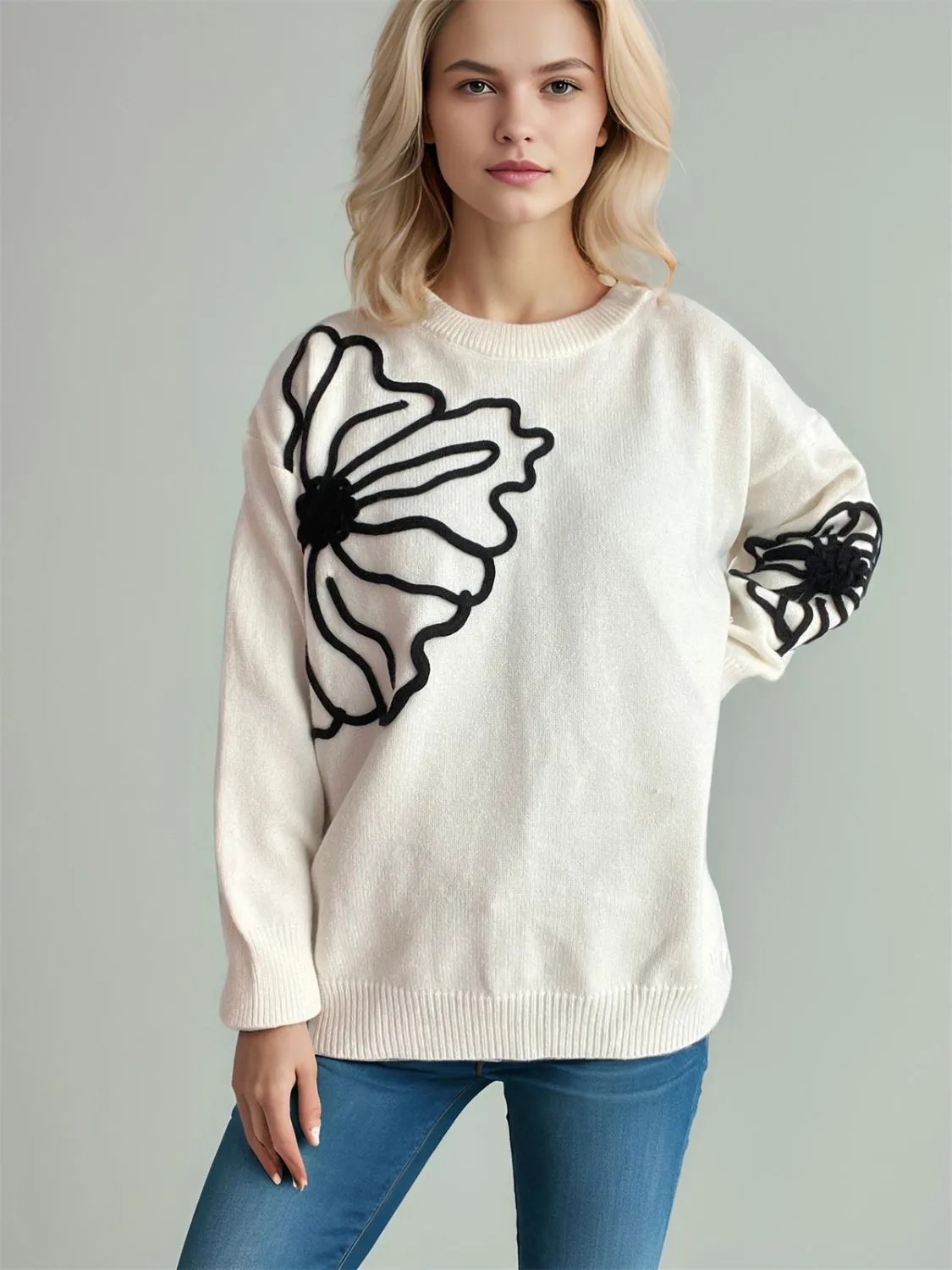 🌼 Flower Round Neck Long Sleeve Sweater 🌼