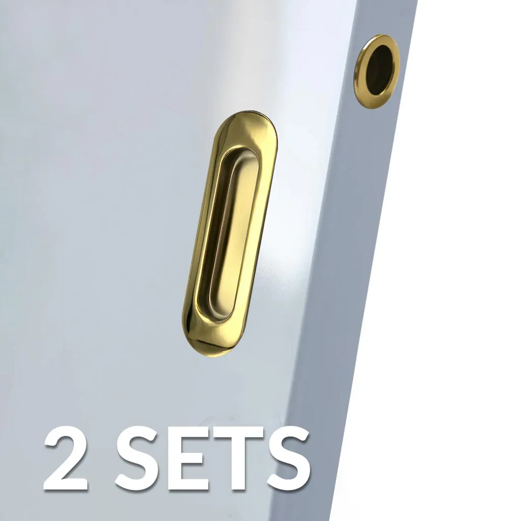 2 Pairs of Burbank 120mm Sliding Door Oval Flush Pulls and 2x  Finger Pull - Polished Gold Finish