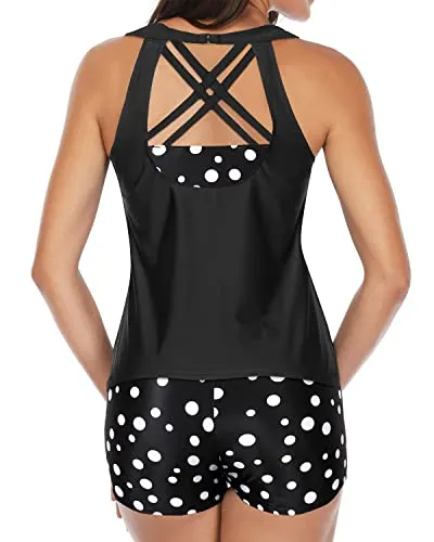 3 Piece Tankini Set High Neck Swimwear Shorts-Black Dot