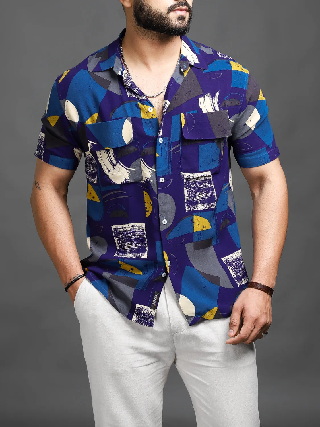 Abstract Blue Front Pockets Shirt