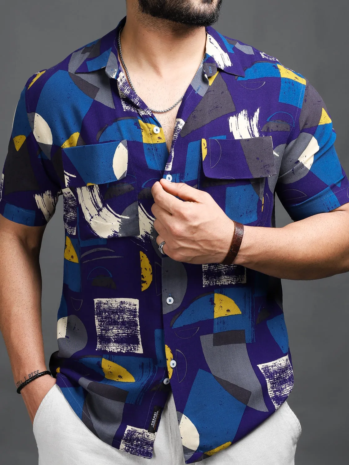 Abstract Blue Front Pockets Shirt