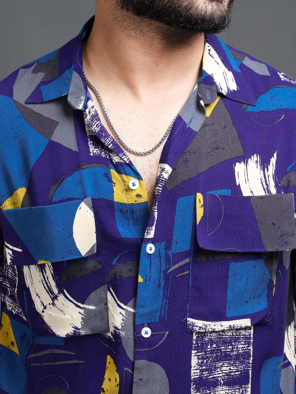 Abstract Blue Front Pockets Shirt