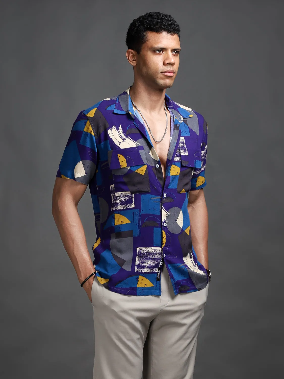 Abstract Blue Front Pockets Shirt