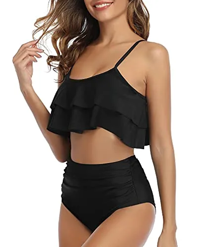 Adjustable Spaghetti Straps Bikini High Waisted Ruched Bottom-Black