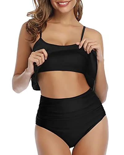 Adjustable Spaghetti Straps Bikini High Waisted Ruched Bottom-Black