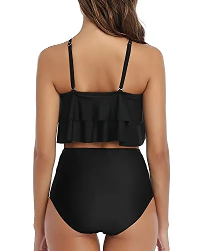 Adjustable Spaghetti Straps Bikini High Waisted Ruched Bottom-Black