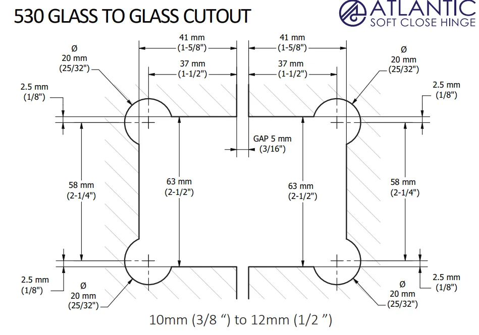 Atlantic 530, Glass Pool Fence Hinge,  Soft Close Hinge, Suits Polaris cutouts.