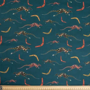 Australiana/Aboriginal Inspired Cotton Prints Design - Kangaroo & Boomerang on Navy