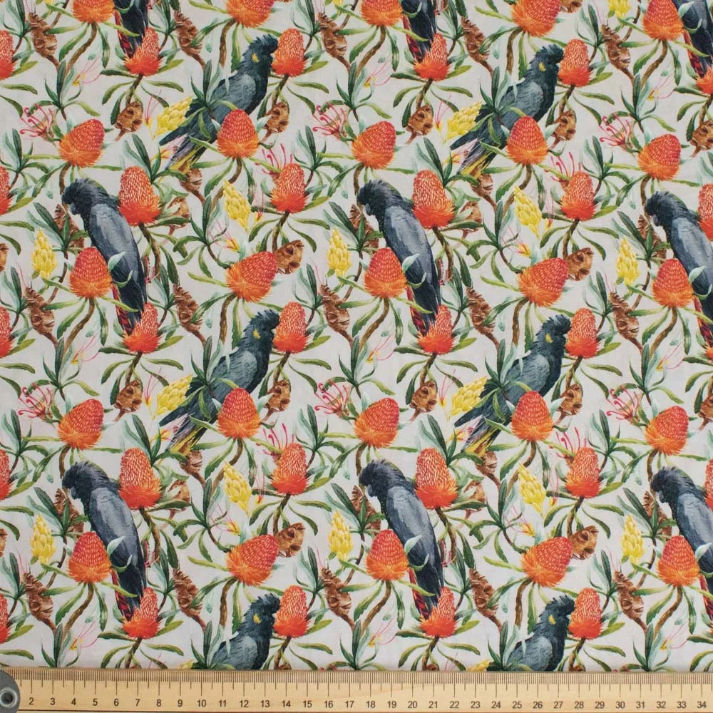 Australiana/Aboriginal Inspired Cotton Prints Design - Parrot & Banksia on Light Grey