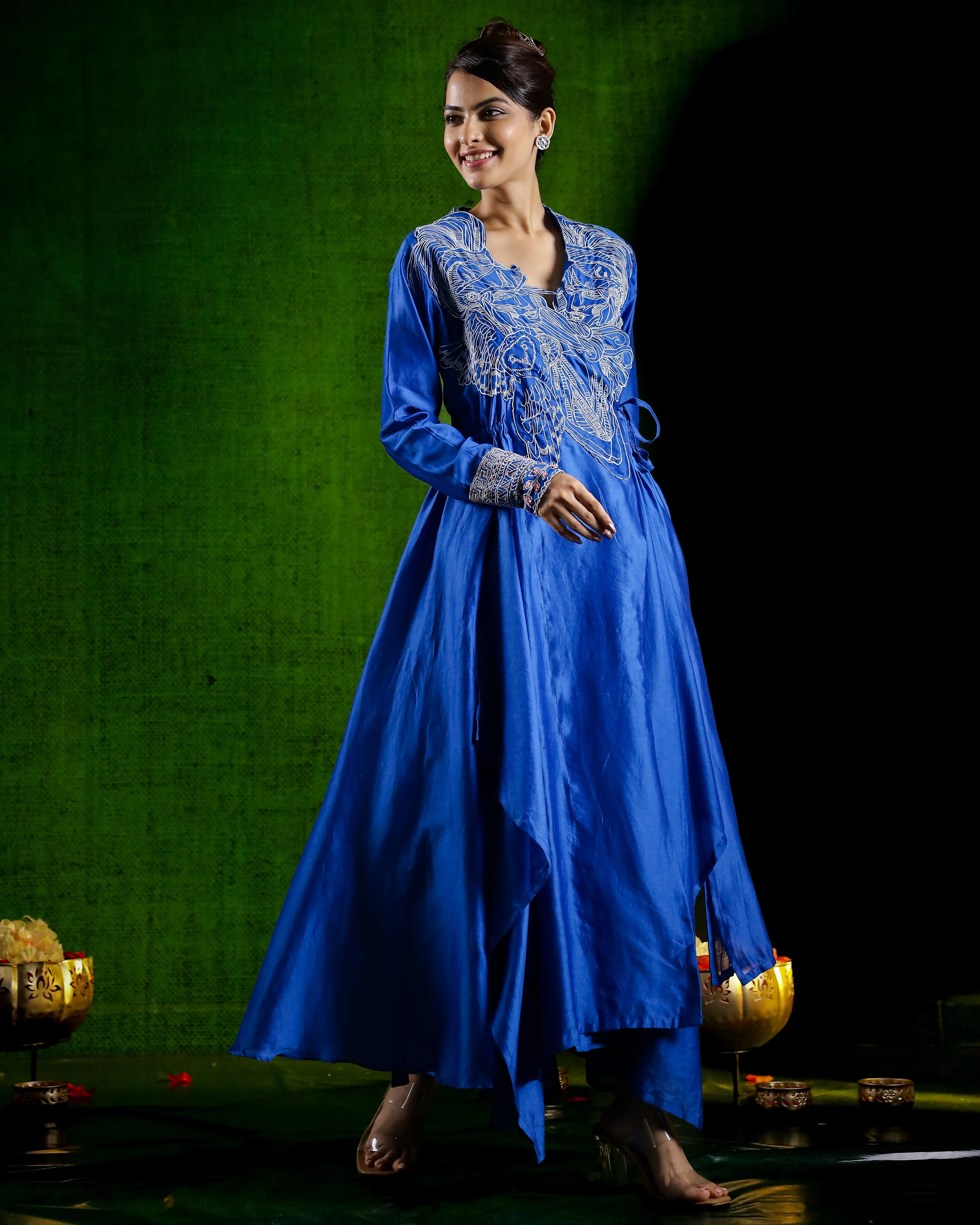 Blue Chic Embroidered Raw Silk Kurta with Pants