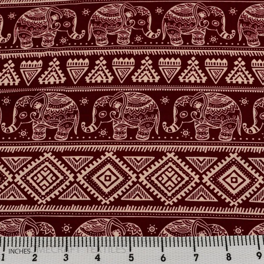 Burgundy Tribal Elephant Animal Cotton Print