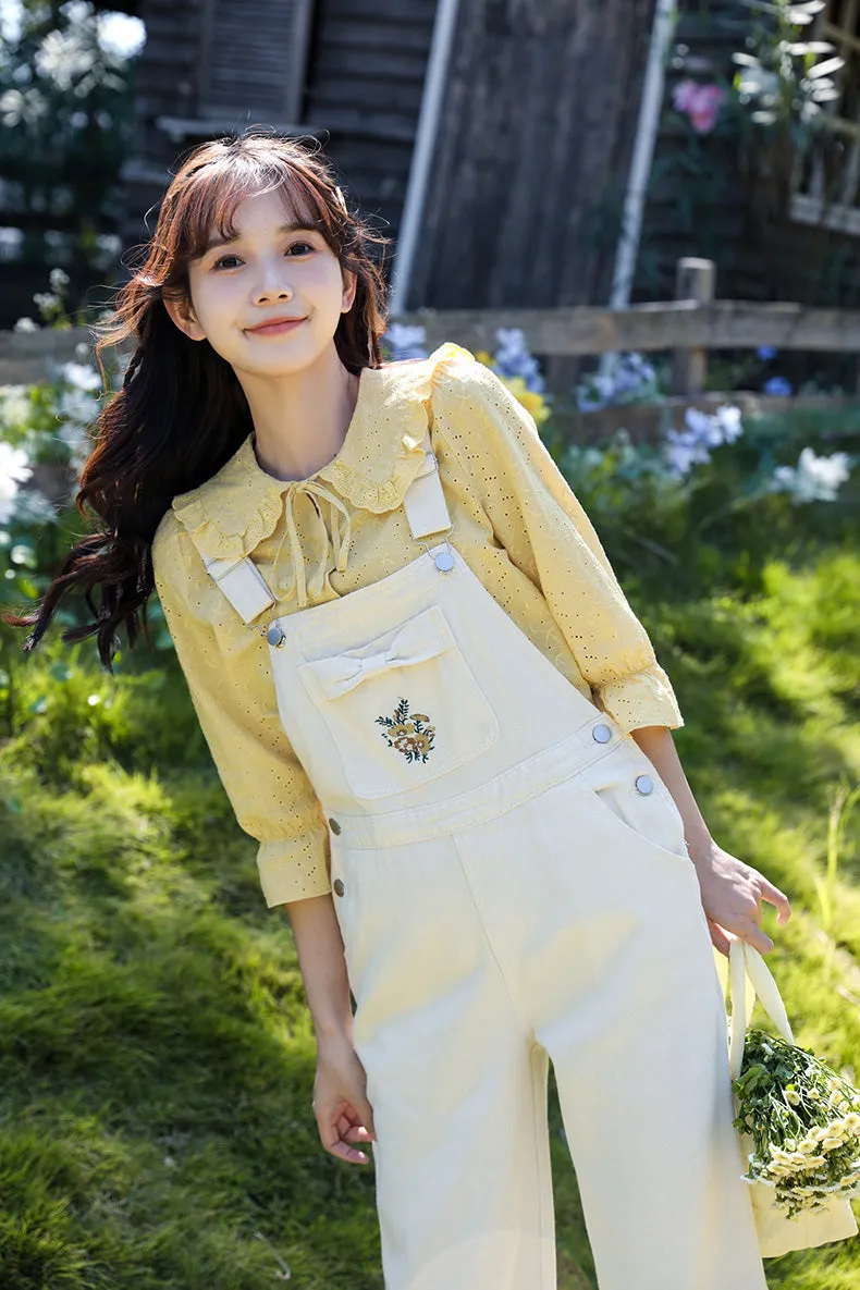 Chic Floral Embroidery Bow Dungarees