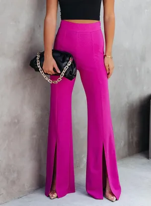 Chic Fuchsia Pink High Waist Flare Slit Pants