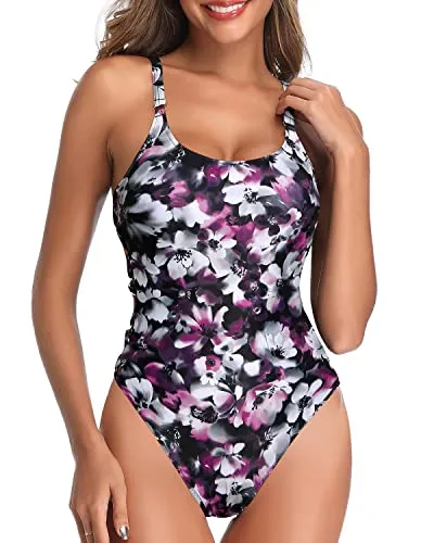 Chic Loop Accents Women One Piece Slimming Bathing Suit-Purple Floral