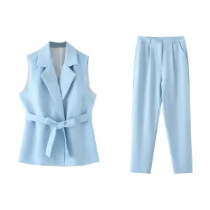 Chic Western Belted Vest-Pants Suit