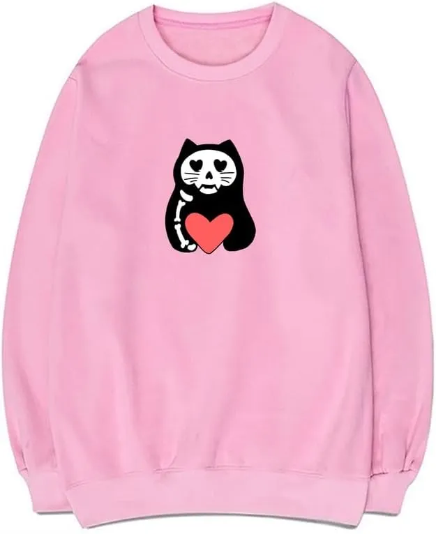 CORIRESHA Teens Funny Cat Hearts Crewneck Long Sleeves Cozy Basics Sweatshirts