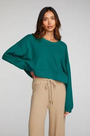 Cotton Fleece Cropped Crewneck Pullover with Rib