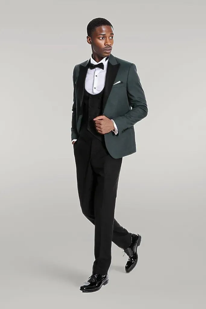 Dot Patterned Dark Green Men Tuxedo - Wessi