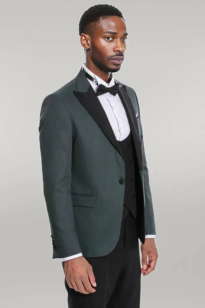 Dot Patterned Dark Green Men Tuxedo - Wessi