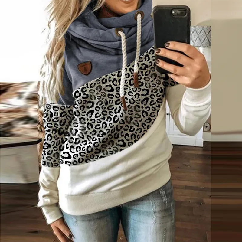 Fashionkova  Women Leopard Patchwork Hooded Sweatshirt Autumn Winter Turtleneck Warm Long Sleeve Printed Hoodies Female Drawstring Pullovers