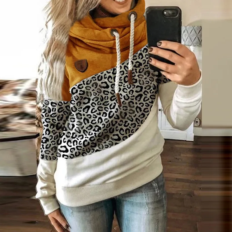 Fashionkova  Women Leopard Patchwork Hooded Sweatshirt Autumn Winter Turtleneck Warm Long Sleeve Printed Hoodies Female Drawstring Pullovers