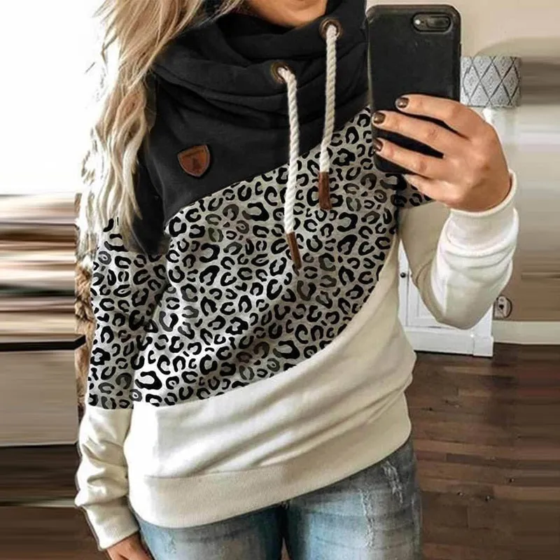 Fashionkova  Women Leopard Patchwork Hooded Sweatshirt Autumn Winter Turtleneck Warm Long Sleeve Printed Hoodies Female Drawstring Pullovers