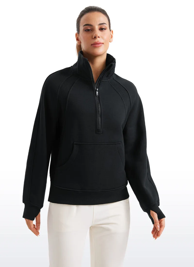 Fleece Lined Half Zip Hip-Length Hoodies Funnel Neck with Thumb Holes