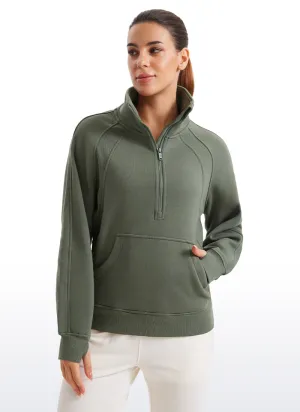 Fleece Lined Half Zip Hip-Length Hoodies Funnel Neck with Thumb Holes