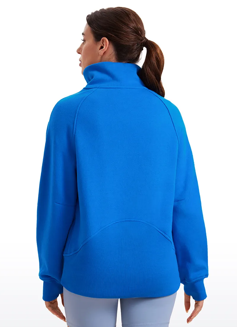 Fleece Lined Half Zip Hip-Length Hoodies Funnel Neck with Thumb Holes