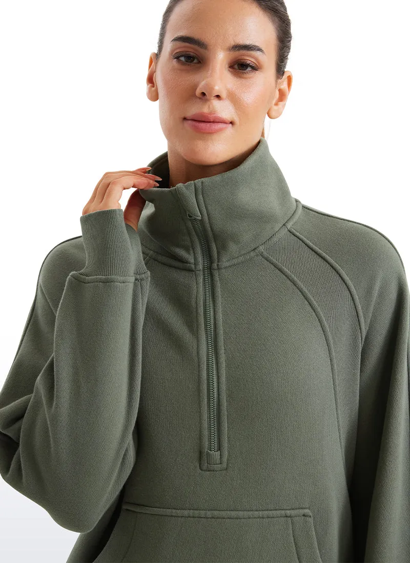 Fleece Lined Half Zip Hip-Length Hoodies Funnel Neck with Thumb Holes