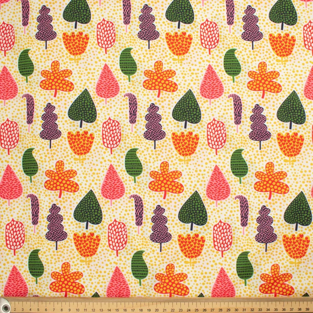 Flowers & Birds Cartoon Collection  #14 Multi Colour Tree & Yellow Spots on White Cotton Prints