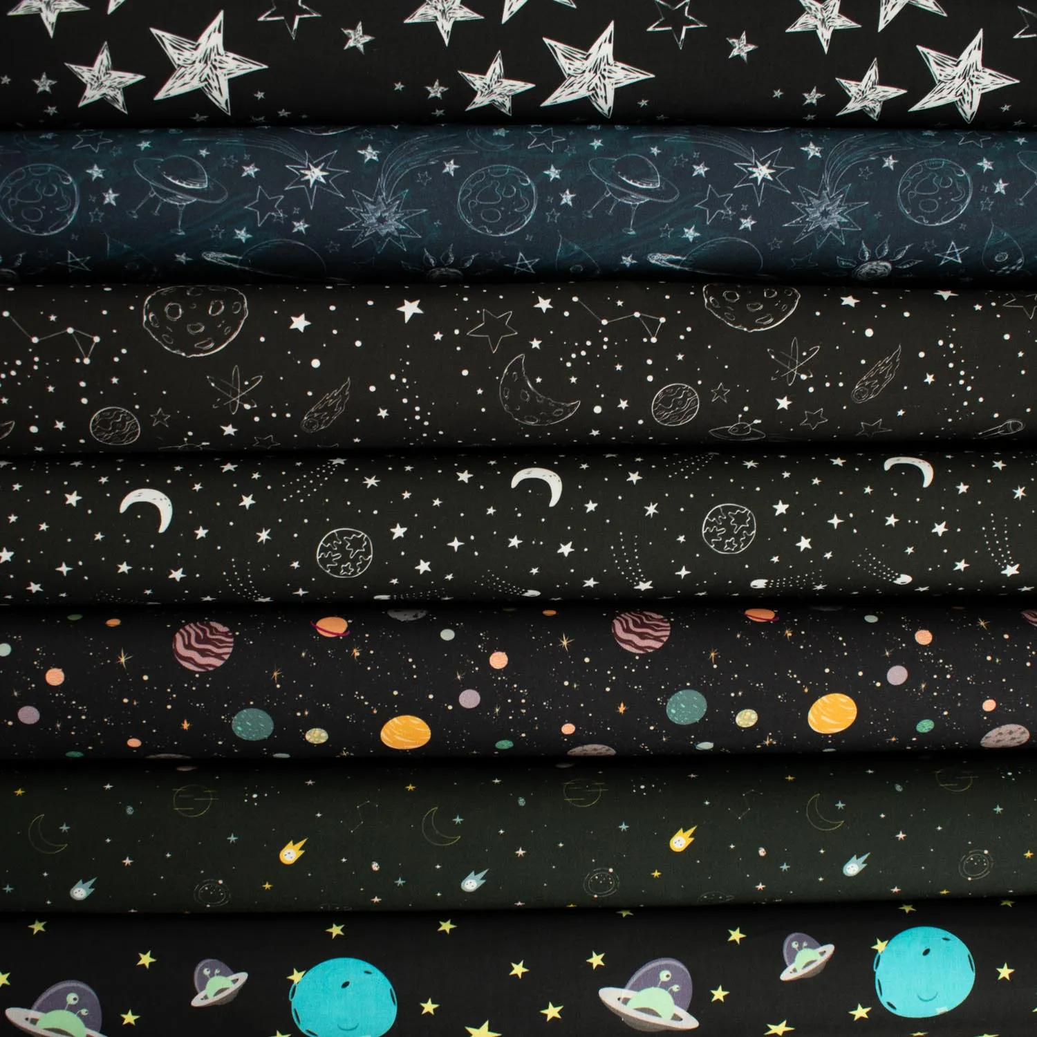 Galaxy Collection #07 Blue Planets, Gold Stars & UFO on Black Cotton Prints