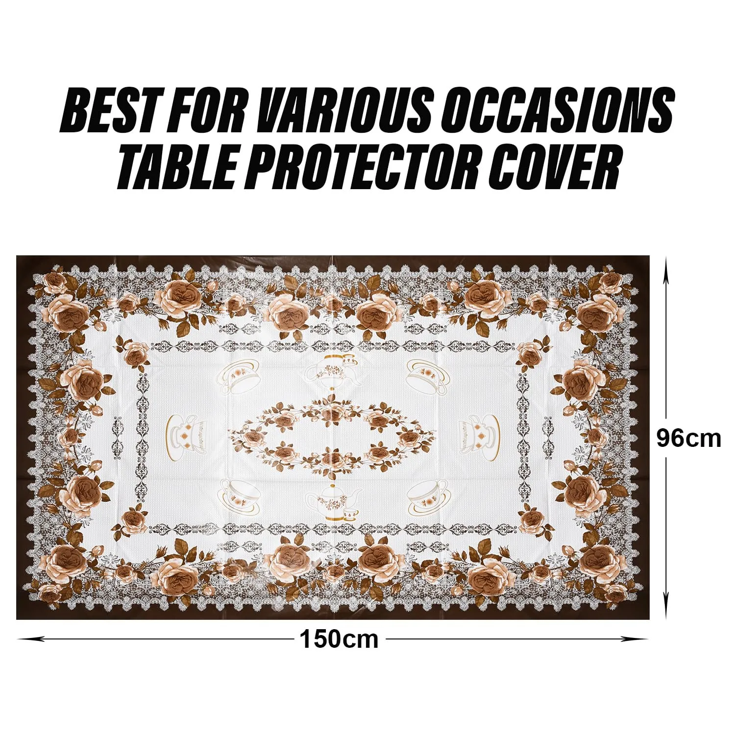 Heart Home Center Table Cover | PVC Cup Design with Floral Border Table Cover | Luxurious Table Protector Cover Without Lace for Home | 40x60 Inch | Brown