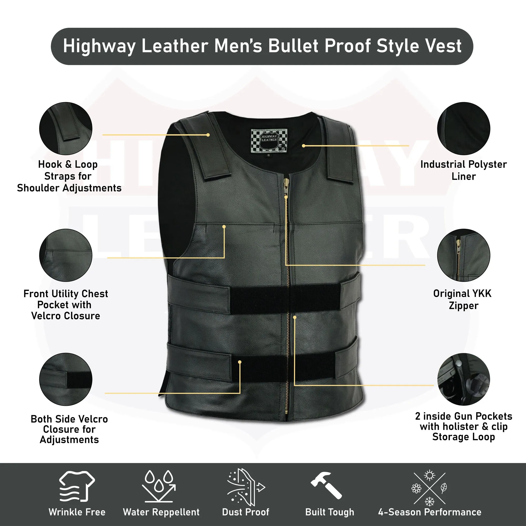 HL11643Black Men Bullet Proof style Leather Motorcycle Vest for bikers Club Tactical Vest