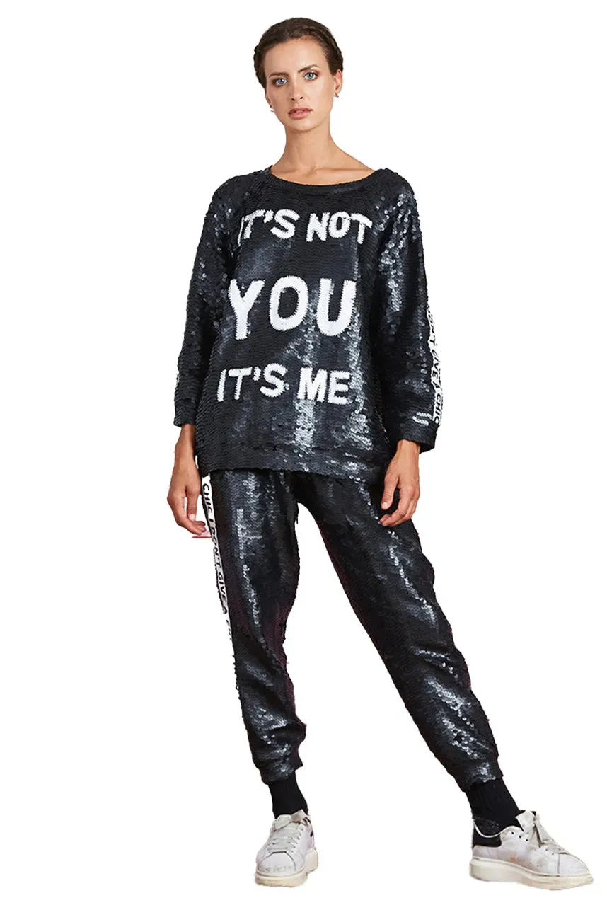 I Don'T Give A Chic Sequin Runner Pants