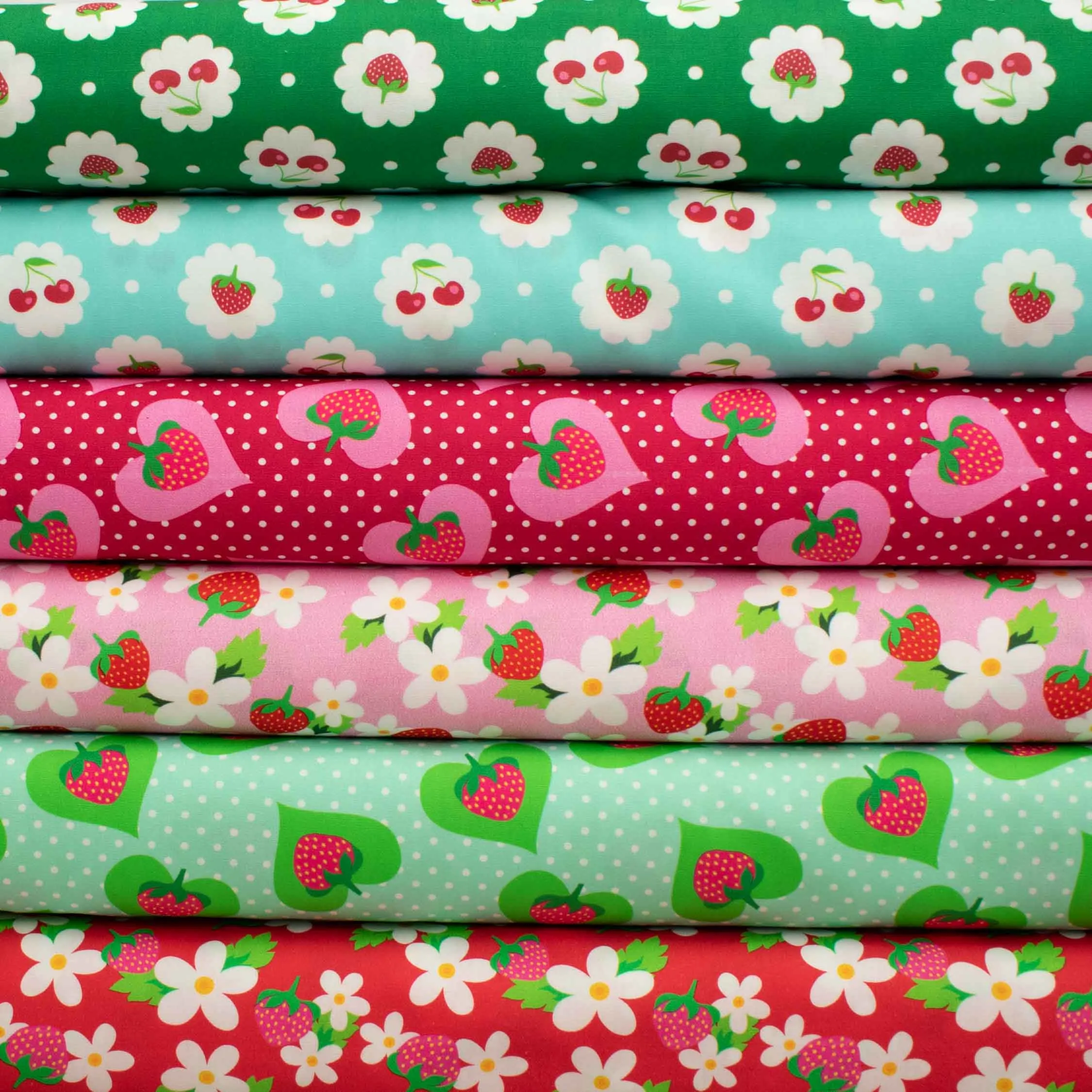 Indie Pop Strawberry Collection #01 Strawberry & Heart on Green Cotton Prints