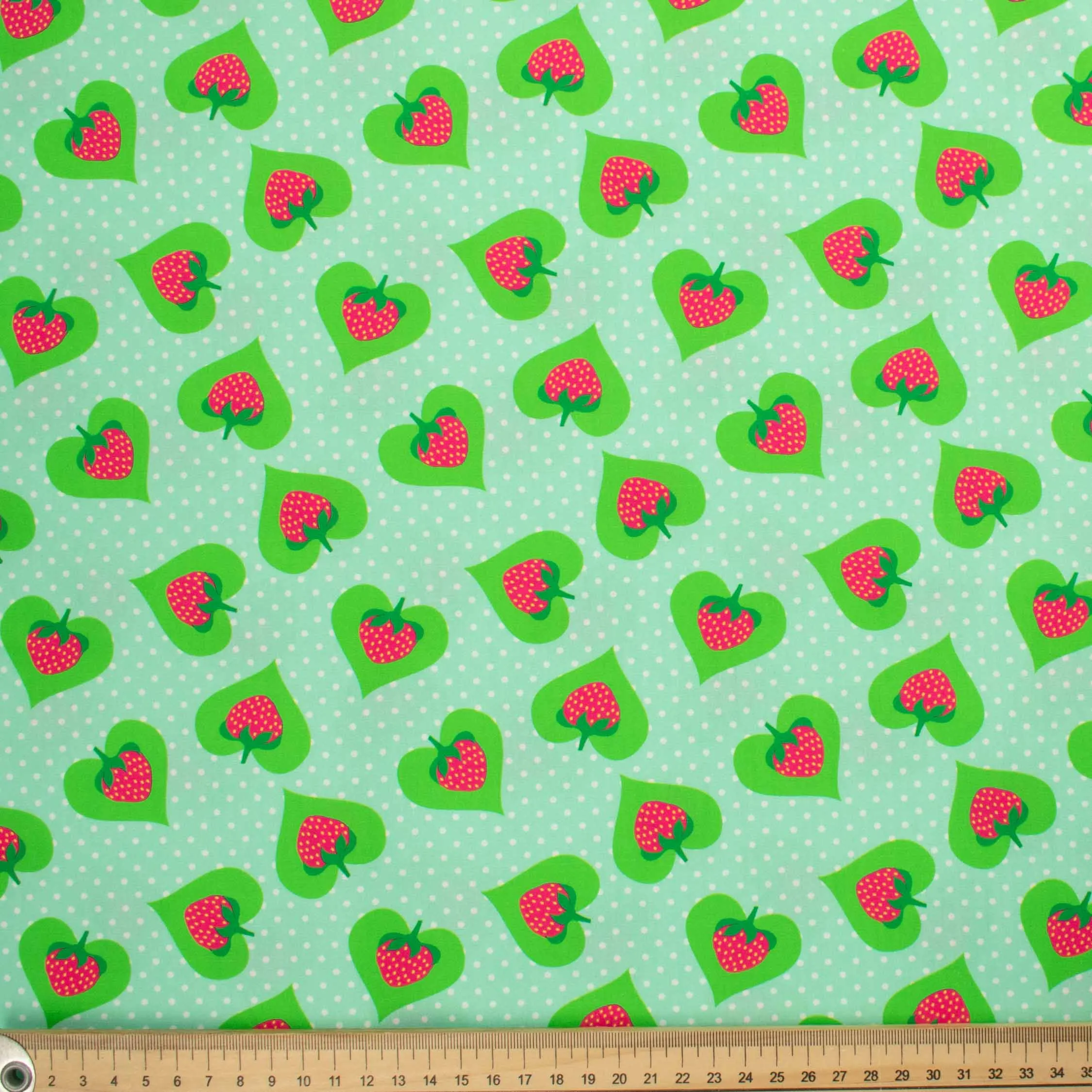 Indie Pop Strawberry Collection #01 Strawberry & Heart on Green Cotton Prints