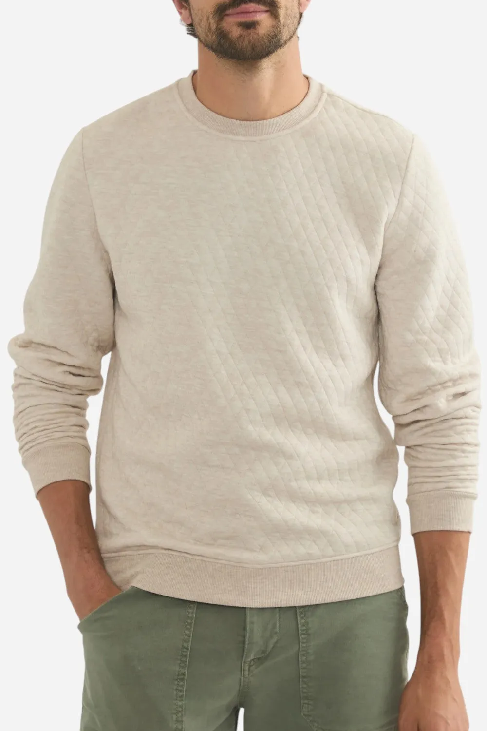 Marine Layer Corbet Quilted Crewneck in Dark Oat Heather