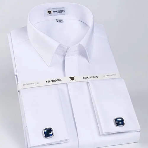 Men's Classic French Cuff Hidden Button Dress Shirt Long-sleeve Formal Business Standard-fit White Shirts (Cufflinks Included)