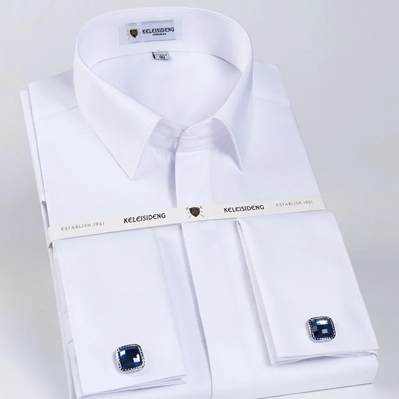 Men's Classic French Cuff Hidden Button Dress Shirt Long-sleeve Formal Business Standard-fit White Shirts (Cufflinks Included)