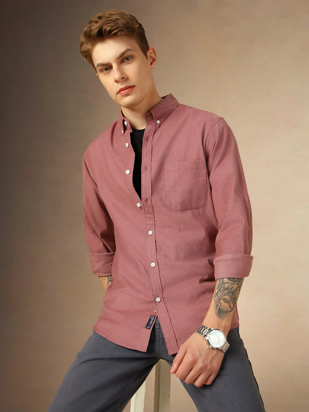 Men's Pink Solid Button Down Collar Full Sleeves Relaxed Fit Corduroy Shirt