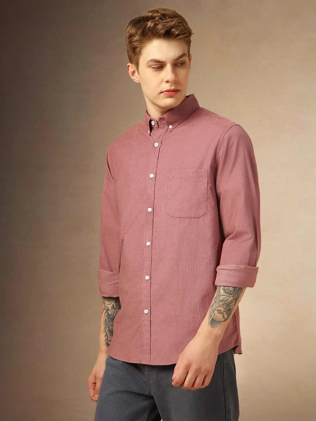 Men's Pink Solid Button Down Collar Full Sleeves Relaxed Fit Corduroy Shirt