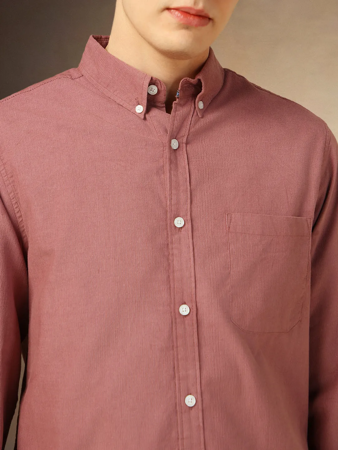 Men's Pink Solid Button Down Collar Full Sleeves Relaxed Fit Corduroy Shirt