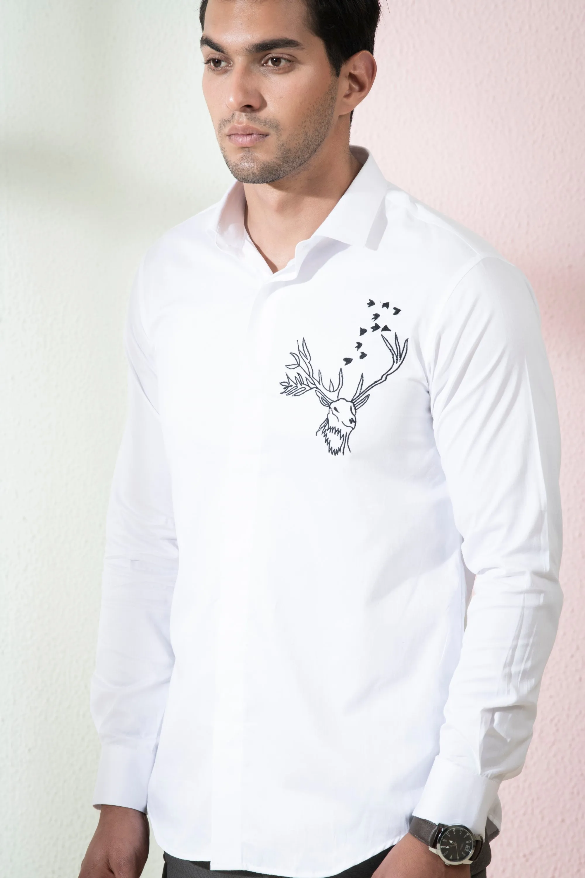 Men's White Color Bianco Reindeer Shirt Full Sleeves Casual Shirt - Hilo Design