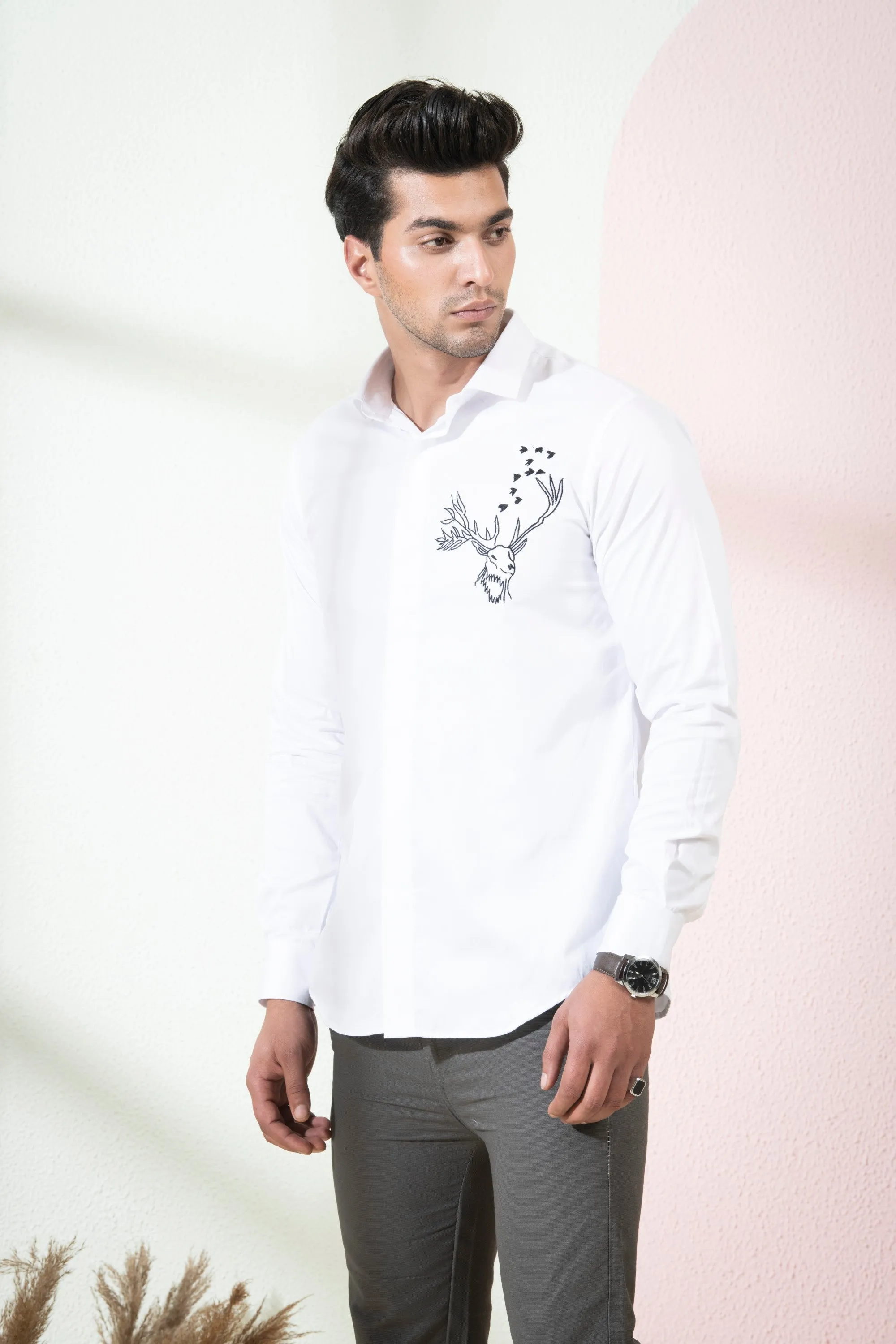 Men's White Color Bianco Reindeer Shirt Full Sleeves Casual Shirt - Hilo Design