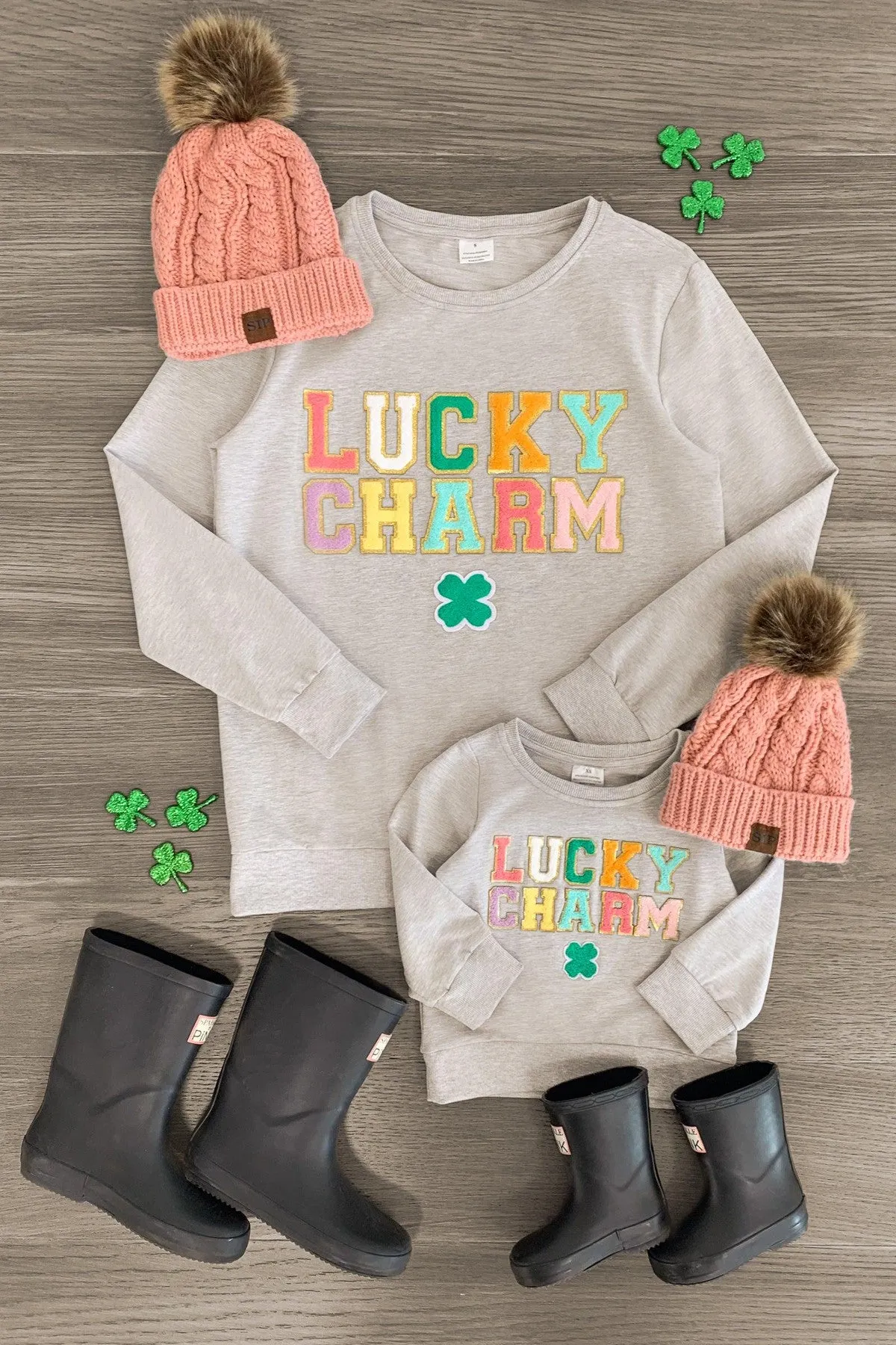 Mom & Me - "Lucky Charm" Gray Chenille Patch Top