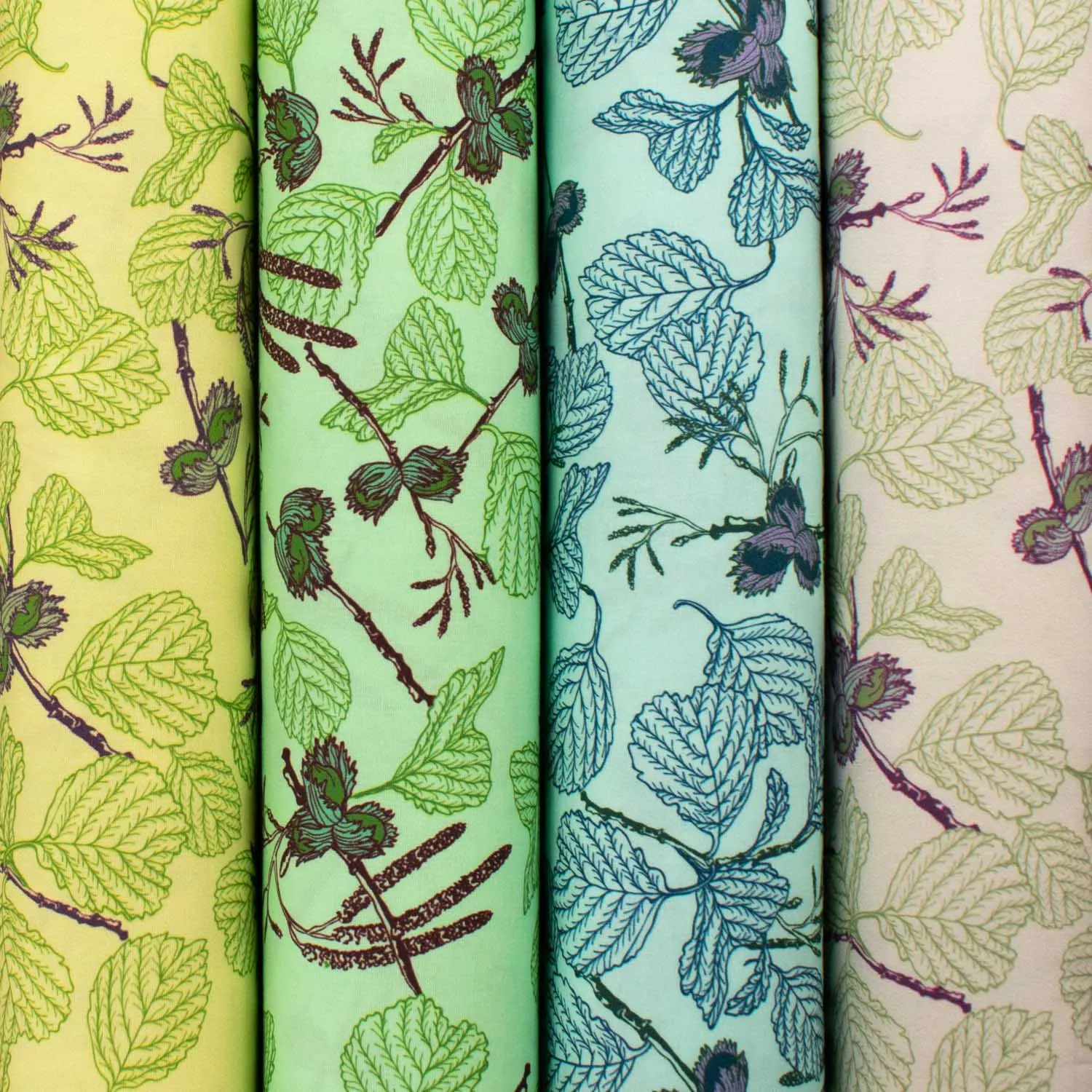 Old World Plants Collection #06 Green Flower & Leaves on Turquoise Cotton Prints