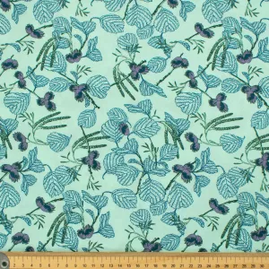 Old World Plants Collection #06 Green Flower & Leaves on Turquoise Cotton Prints