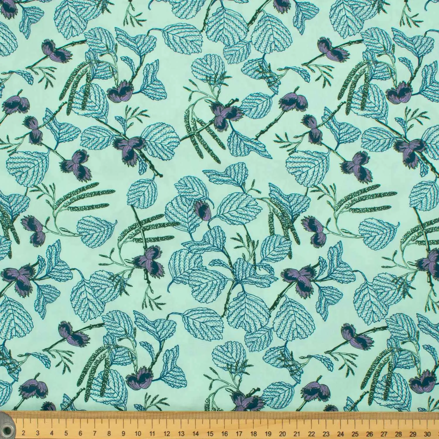 Old World Plants Collection #06 Green Flower & Leaves on Turquoise Cotton Prints